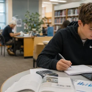 Teenage student studying A-level Business with a laptop, calculator and financial charts in a public library, with people of different ages in the background