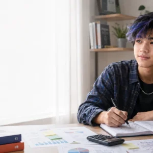 Business IGCSE student studying at desk with text books and computer