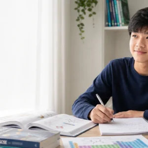 Asian student studying IGCSE Chemistry at home with textbooks, notes and molecular models