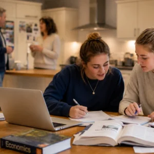 Two 18-year-old girls studying together at a kitchen table with an economics textbook, notes and a laptop, while parents are softly blurred in the background.