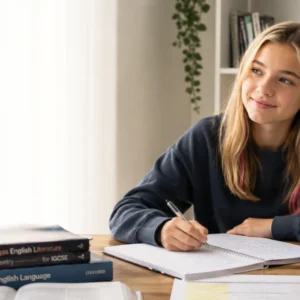 Blonde student with a pink hair streak studying IGCSE English Language at home with books, notes and a laptop