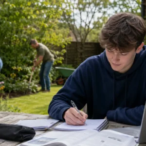 18-year-old student studying English Language at a garden table while his parents garden in the background.