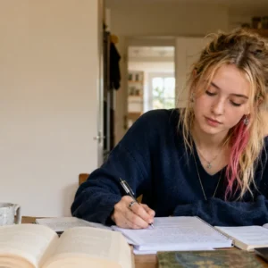 A-level English Literature student studying at a kitchen table with books, notes and a laptop, wearing a nose ring, earrings and a pink streak in her blonde hair.