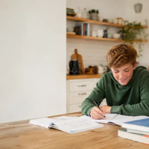 11-year-old student studying Year 7 English at a kitchen table with support from a parent