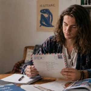 A-level French student with long hair and festival-style clothing studying at home while opening an airmail letter from a French pen pal.