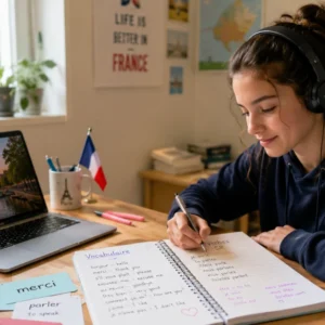 Student studying IGCSE French at home with headphones, vocabulary notes and a laptop showing Paris