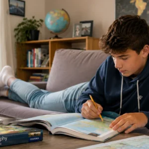 Student studying IGCSE Geography on a sofa with an atlas, maps and course notes