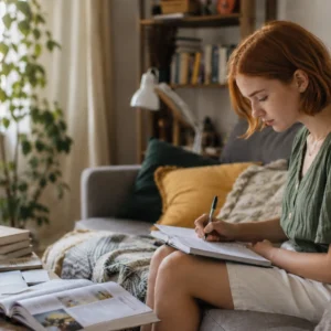 Red-haired student studying IGCSE German on a sofa with course notes, a laptop and textbooks