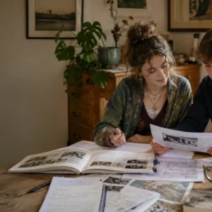 Two A-level History students studying together at home with history books, source documents, notes and a laptop.