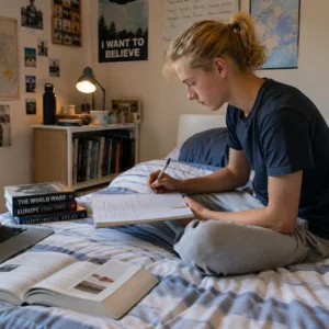 History Student studying in their bedroom with books and a comouter spread out on the bed