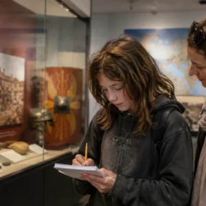 Year 7 History student studying Roman artefacts in a museum with parental supervision