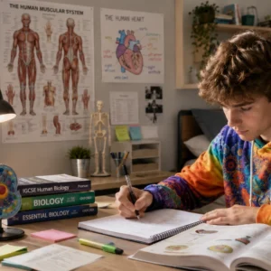 Student studying IGCSE Human Biology at home in a colourful festival hoodie with anatomy diagrams and course notes