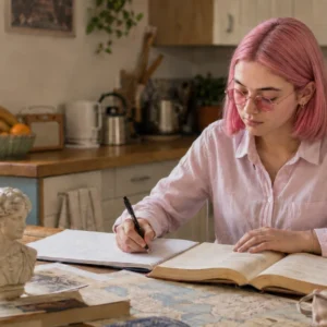 Teenage student with pink hair and round tinted glasses studying GCSE Latin at a kitchen table