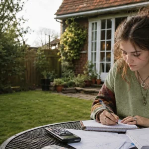 A-level Maths student studying in a garden with a calculator, textbook and handwritten working, with a small house in the background.