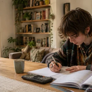 Student studying IGCSE Maths at home with a scientific calculator, squared paper and course notes