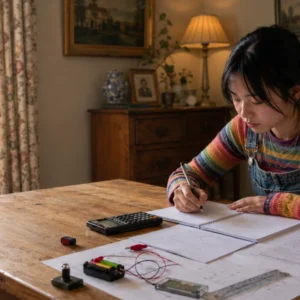 Student studying IGCSE Physics at home with a small electrical circuit, calculator and course notes
