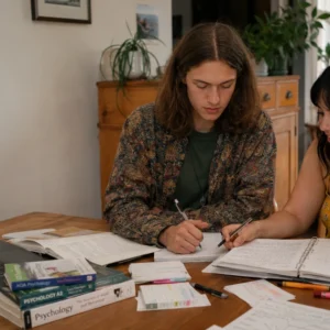 Two A-level Psychology students studying together at home with textbooks, handwritten notes, revision cards and a laptop.