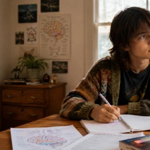 Student studying GCSE Psychology at home with course notes and a model of the human brain