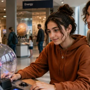Year 8 Science student exploring an interactive energy exhibit in a science museum with parental supervision