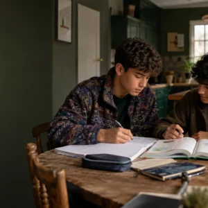 Two students studying GCSE Sociology at home with course notes and newspaper articles about society