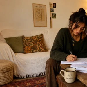 A-level Spanish student studying at home with Spanish textbooks, handwritten notes and language-learning materials.