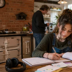Teenage girl studying IGCSE Spanish with headphones and vocabulary notes in a red-brick kitchen, with her father beside the Aga in the background