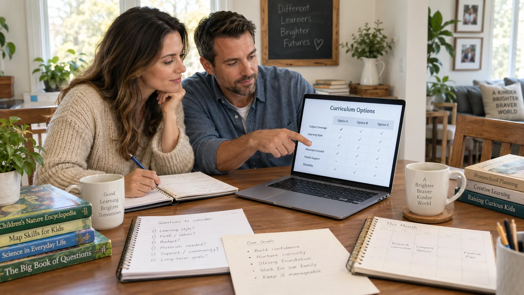 Parents comparing home education curriculum options together at a table